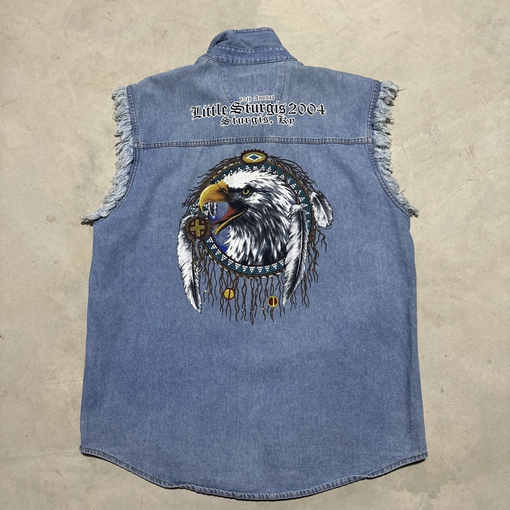 VINTAGE Motorcycle Denim Cut Off Vest American SZ L Little Sturgis 2004 KY Y2K